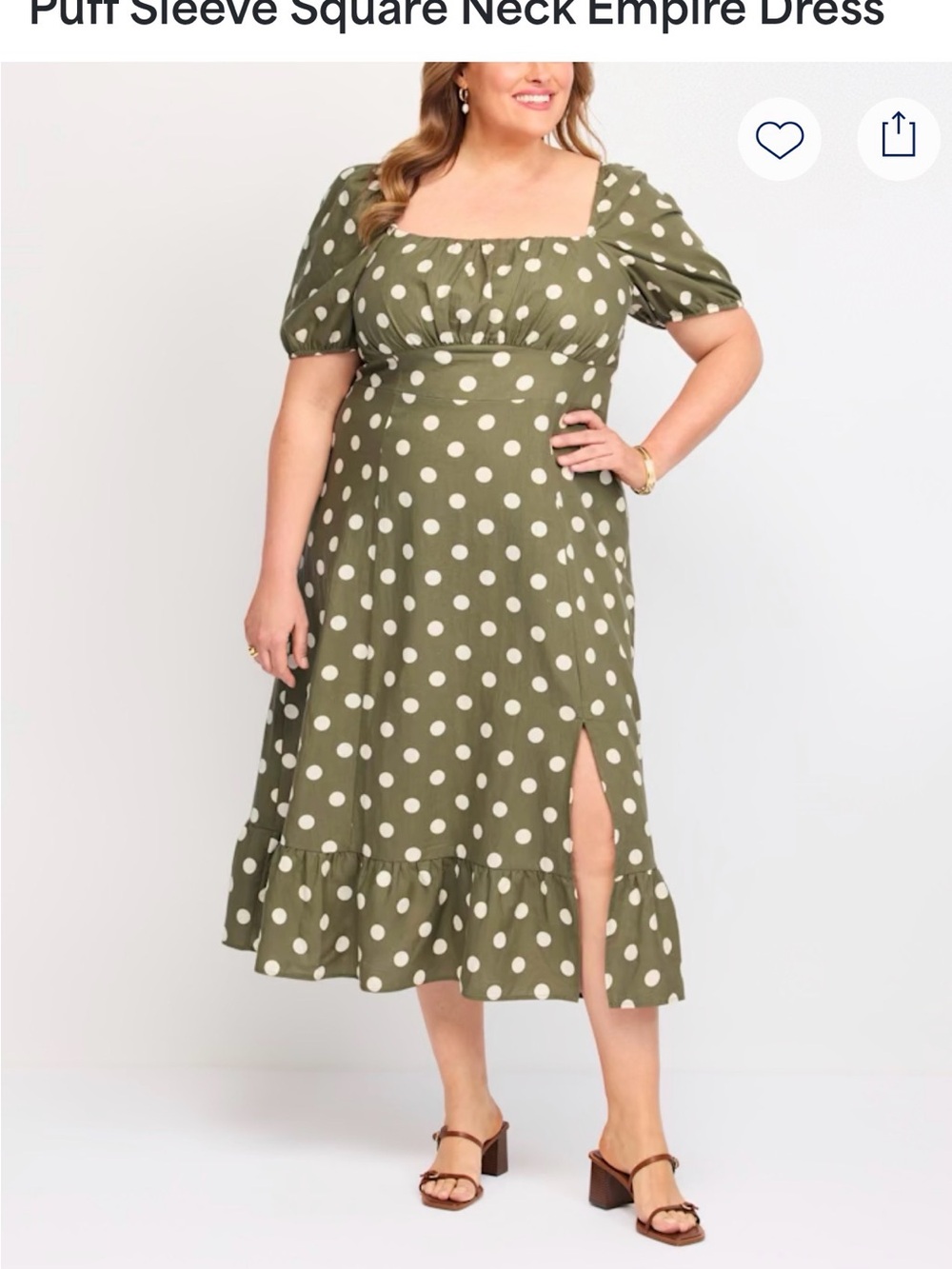 Maggy London Olive Green Polka Dot Puff Sleeve Midi Dress